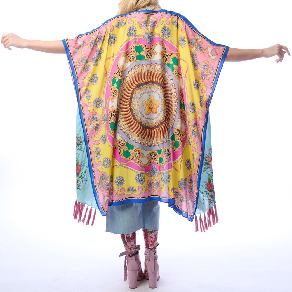 Aratta Pink and Yellow Floral Fringe Cape Kimono